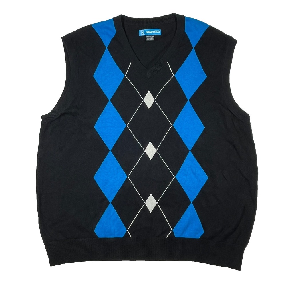 PGA Tour Sweater Vest Mens XXL Black Blue Argyle V-Neck Cotton Golf Pullover